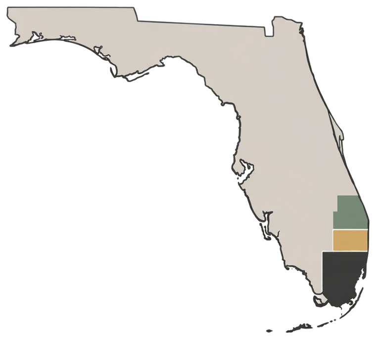 Mapa de Florida con Palm Beach en verde salvia, Broward en dorado y Miami-Dade en tinta